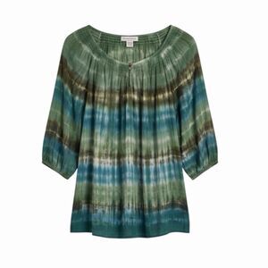 Nomadic Traders Smocked Peasant Top Blouse Shirt Tunic Tie Dye Green S